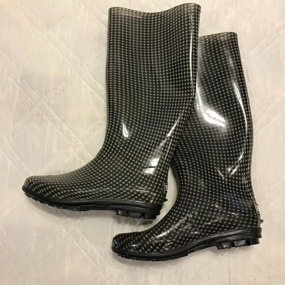 143 Girl‎ Womens Black & White Houndstooth Pull On Rain Boots Size 7 - Picture 1 of 4
